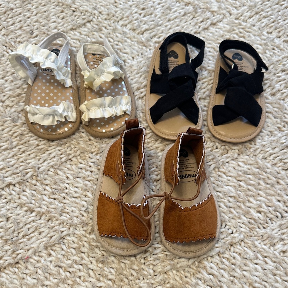 EUC lot of 3 Stylish Kids Sandals Set - Brown, Black, and white size 4
